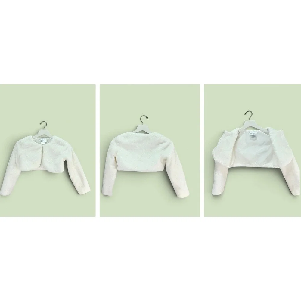 Rare Editions Shrug Girls M 7/8 White Faux Fur Bolero Jacket Formal Coquette